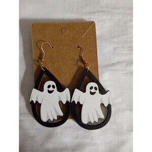 Halloween Dangle Earrings Ghosts Wooden 3 Inch Drop x 1.5 Inches Wide